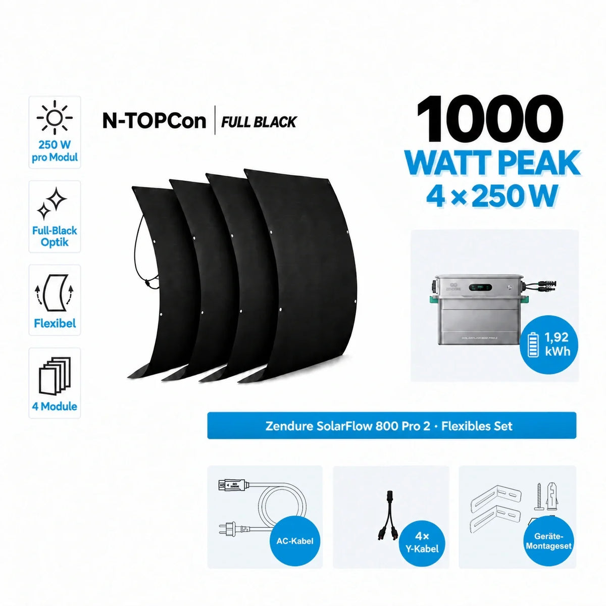 Zendure SolarFlow 800 Pro 2 1000W 250W x4 flexibles Set