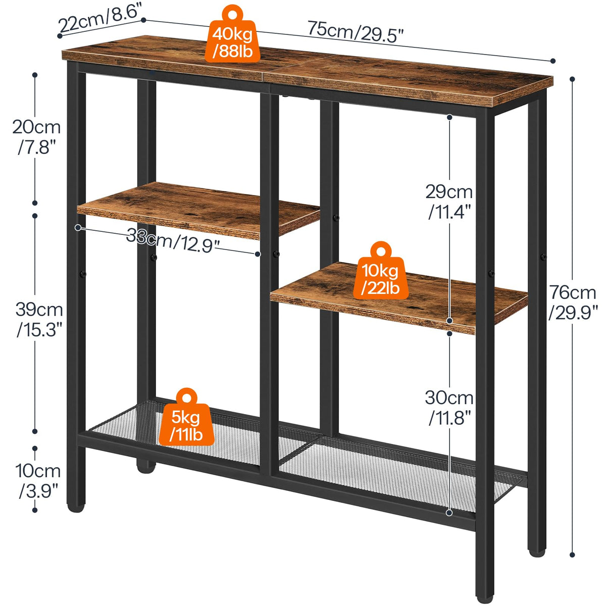 HOOBRO Narrow Console Table, Sofa Table, 4-Tier Industrial Entryway Table