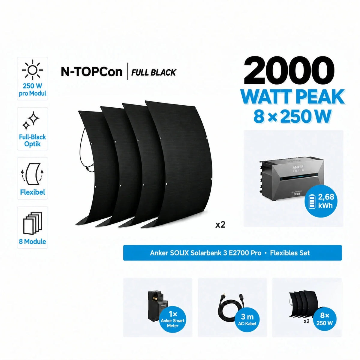 Anker SOLIX Solarbank 3 E2700 Pro Speicher 2,68 kWh 250W x8 flexibles Set