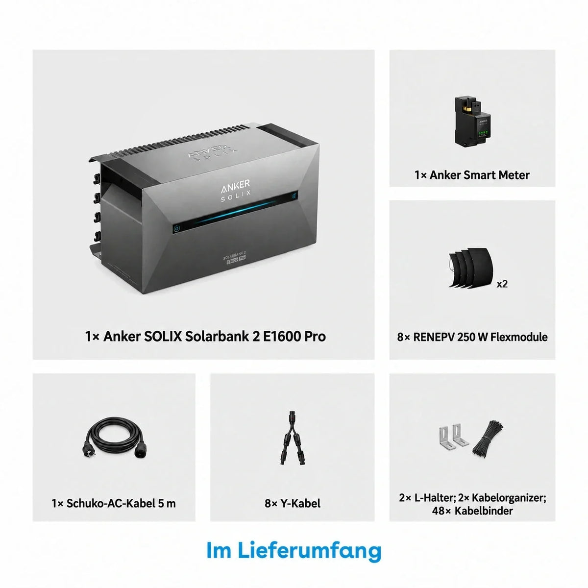 Anker SOLIX Solarbank 2 E1600 Pro Speicher 8 × 250W flexible Solarmodule 1,6 kWh