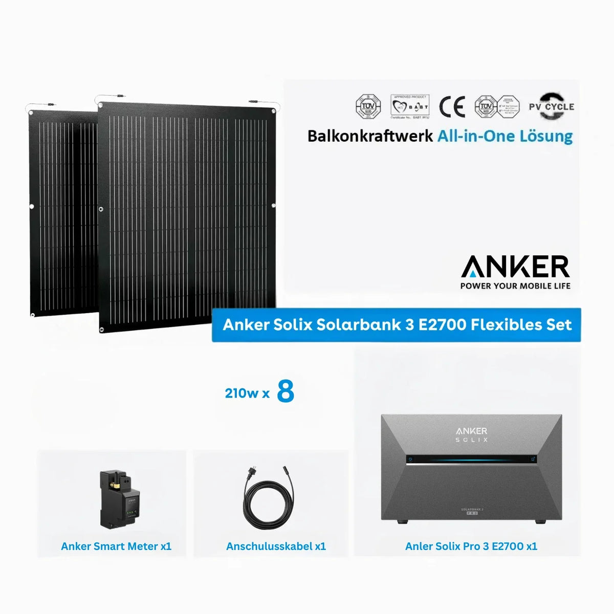 Anker SOLIX Solarbank 3 E2700 Pro Speicher 2,68 kWh 210W x8 flexibles Set