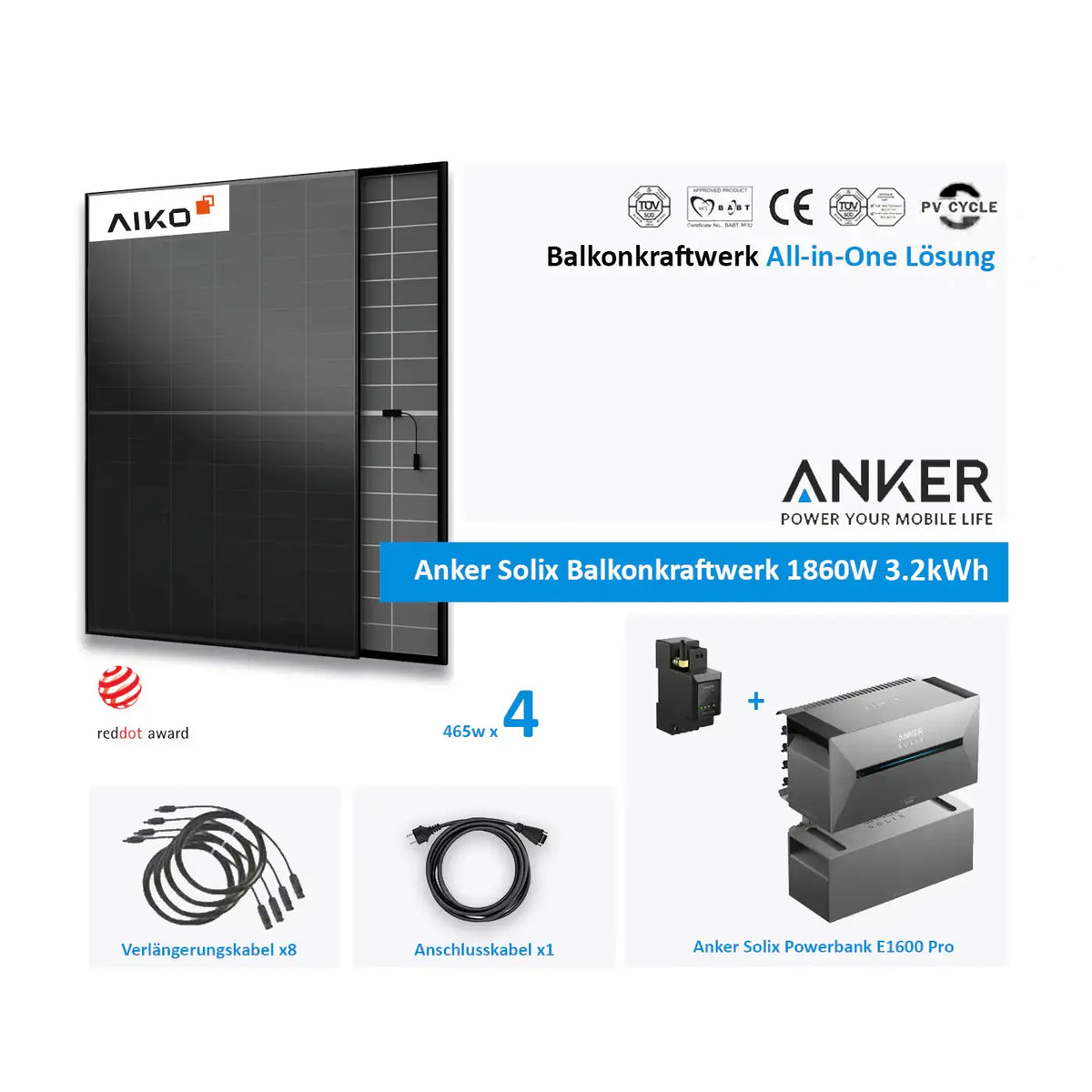 Anker Solix Balkonkraftwerk 1860W 4 × 465W Aiko Glas-Glas Vollschwarz mit Speicher 3,2 kWh