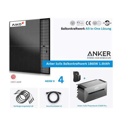 Anker Solix Balkonkraftwerk 1860W 4 × 465W Aiko Glas-Glas Vollschwarz mit Speicher