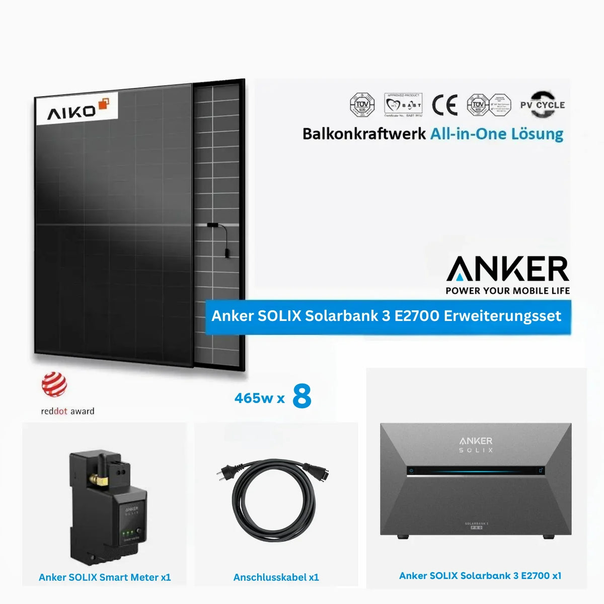 Anker Solix Solarbank 3 E2700 Komplettset 2,68 kWh 8 × 465W Aiko Glas-Glas Vollschwarz