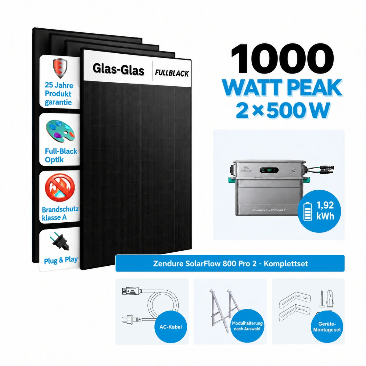 Zendure SolarFlow 800 Pro 2 Speichersystem mit 500W Solarmodul Komplettset
