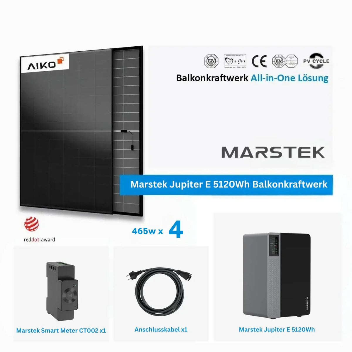 Marstek Jupiter E 5120 Wh 4 × 465W Aiko Glas-Glas Vollschwarz Komplettset