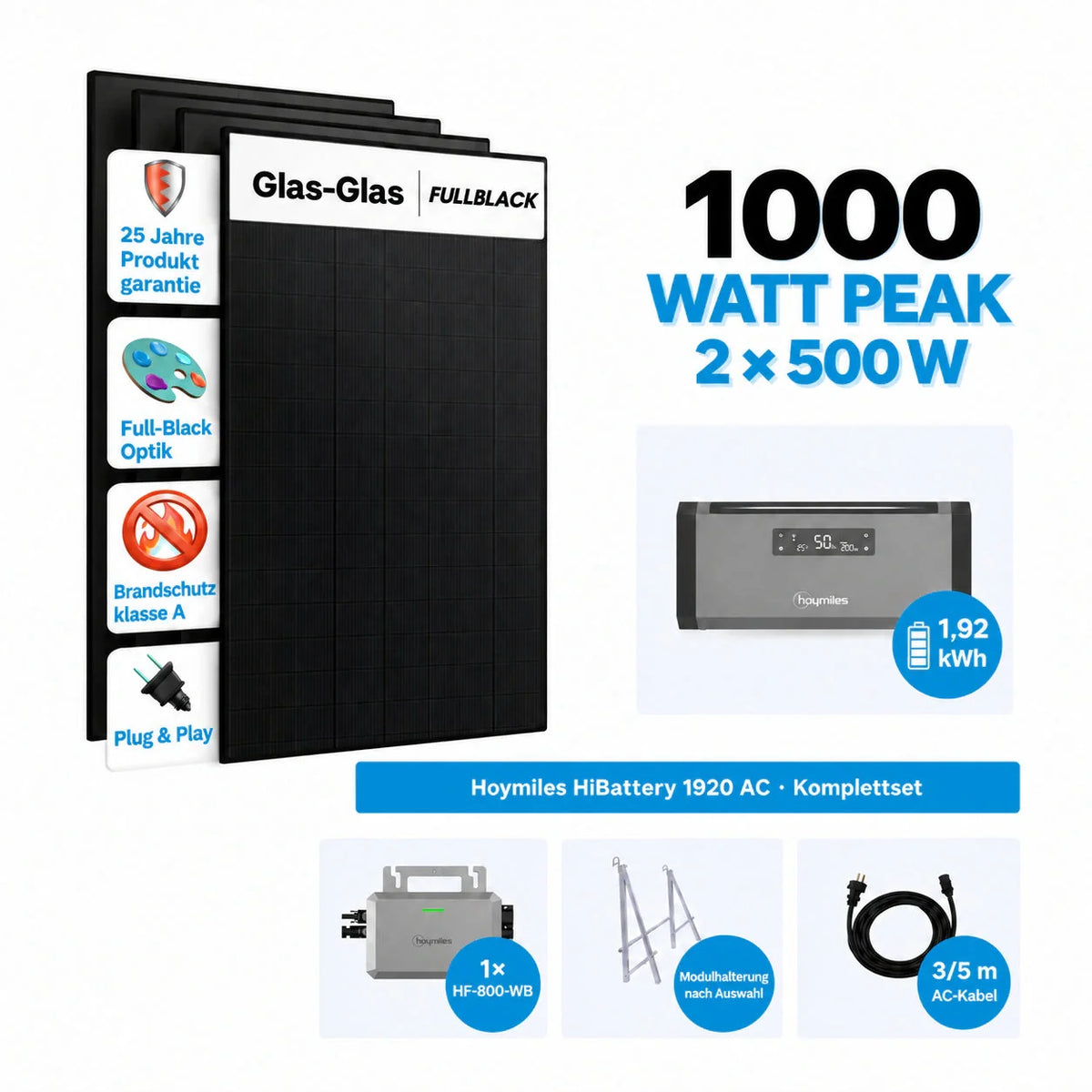 Hoymiles HiBattery 1920 AC Set mit 2 × 500W Solarmodule Komplettset