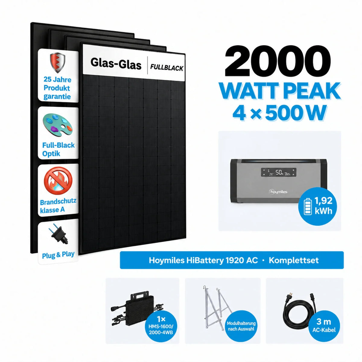 Hoymiles HiBattery 1920 AC Set mit 4 × 500W Solarmodule Komplettset